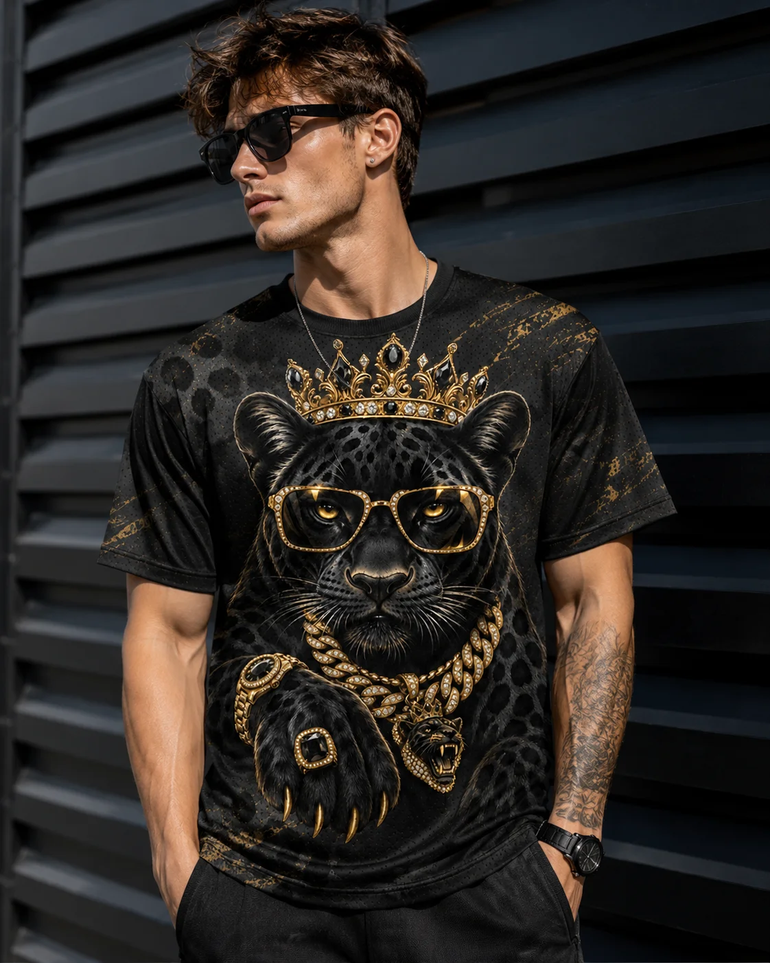 2026 Unisex Charming Black Panther Mesh T‑Shirt Gold Crown Sunglasses Luxury Animal Print Hip‑Hop Streetwear Short Sleeve Tee