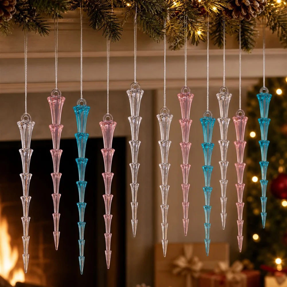 12pcs For Crystal Icicle Christmas Tree Ornaments For Acrylic Hanging Pendants Blue Pink Transparent Decor For Home Wedding Part