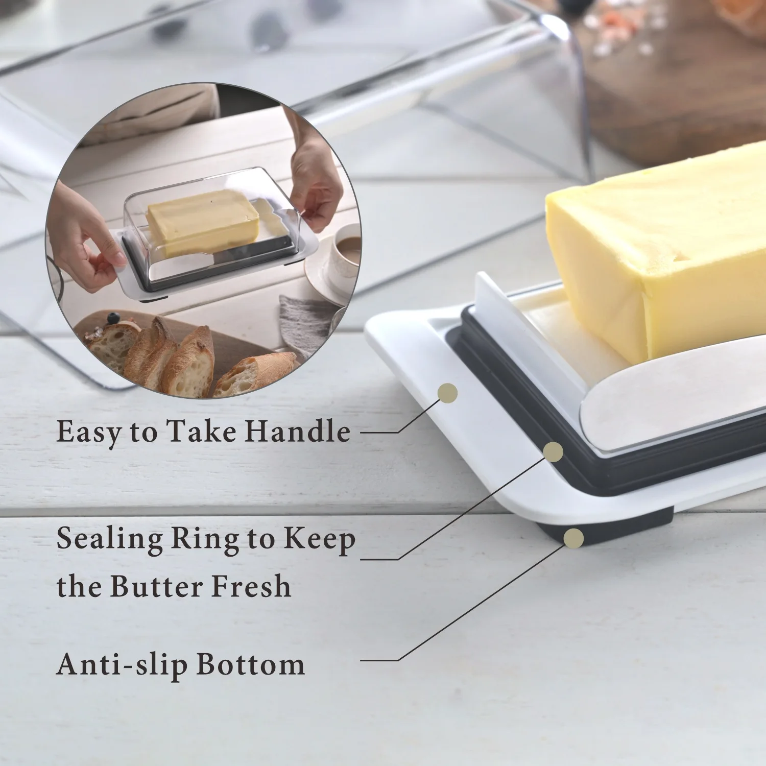 Airtight Butter Dish with Lid for Countertop and Fridge Dishwasher, Holder Tray with Non-Slip Feet holds and Butter Knife