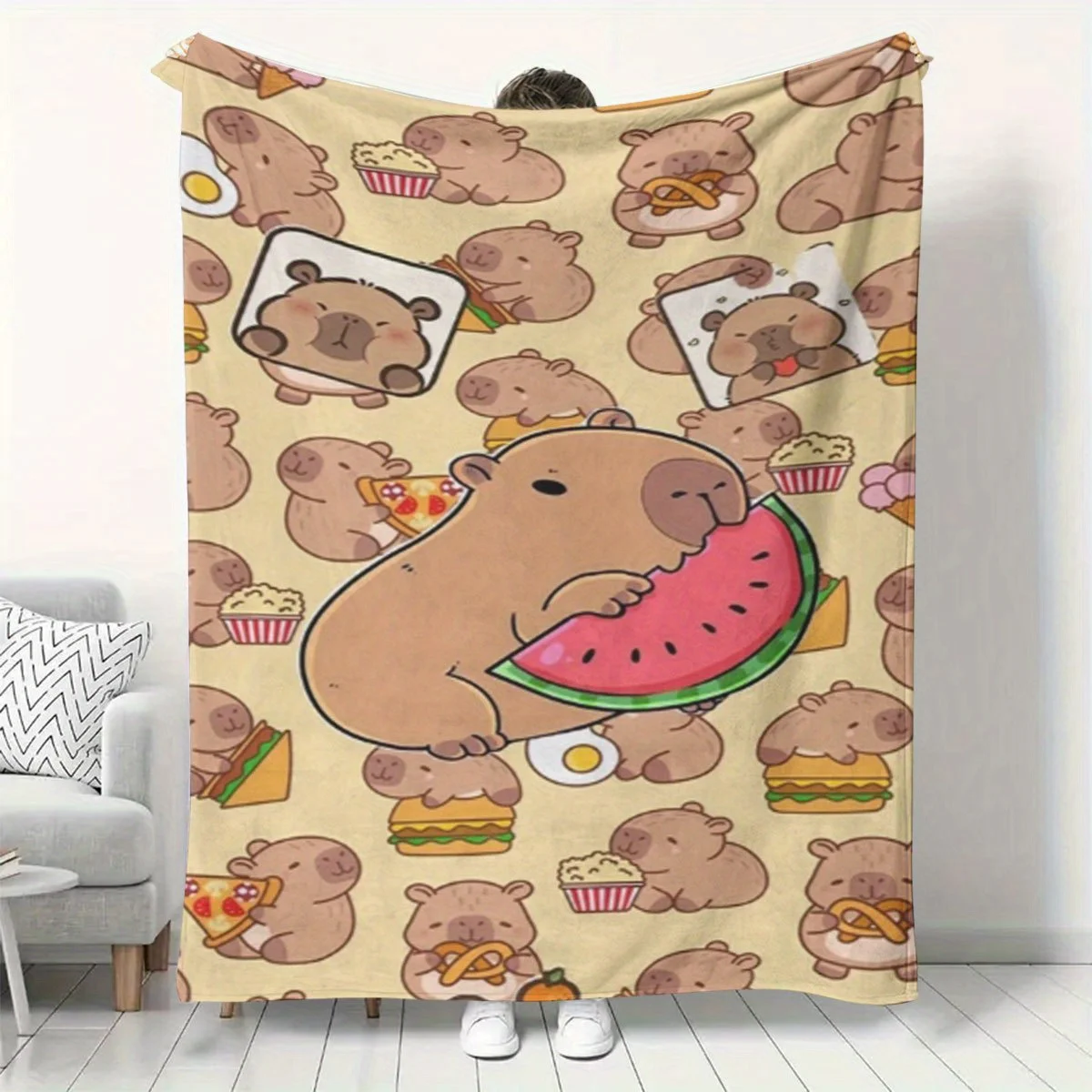 Cute Cartoon Bear Family Watermelon Pizza Food Print Throw Blanket Cozy Plush Couch Decor Gift for Pets