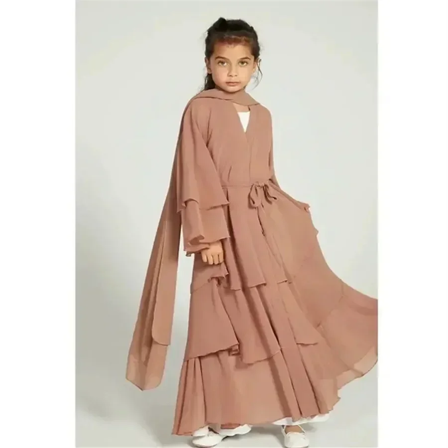 2025 Eid Musulmano Bambini Abaya Ragazze Abito in chiffon Moda Solido Lungo Caftano Abito Arabo Abbigliamento islamico per bambino Abito da preghiera modesto