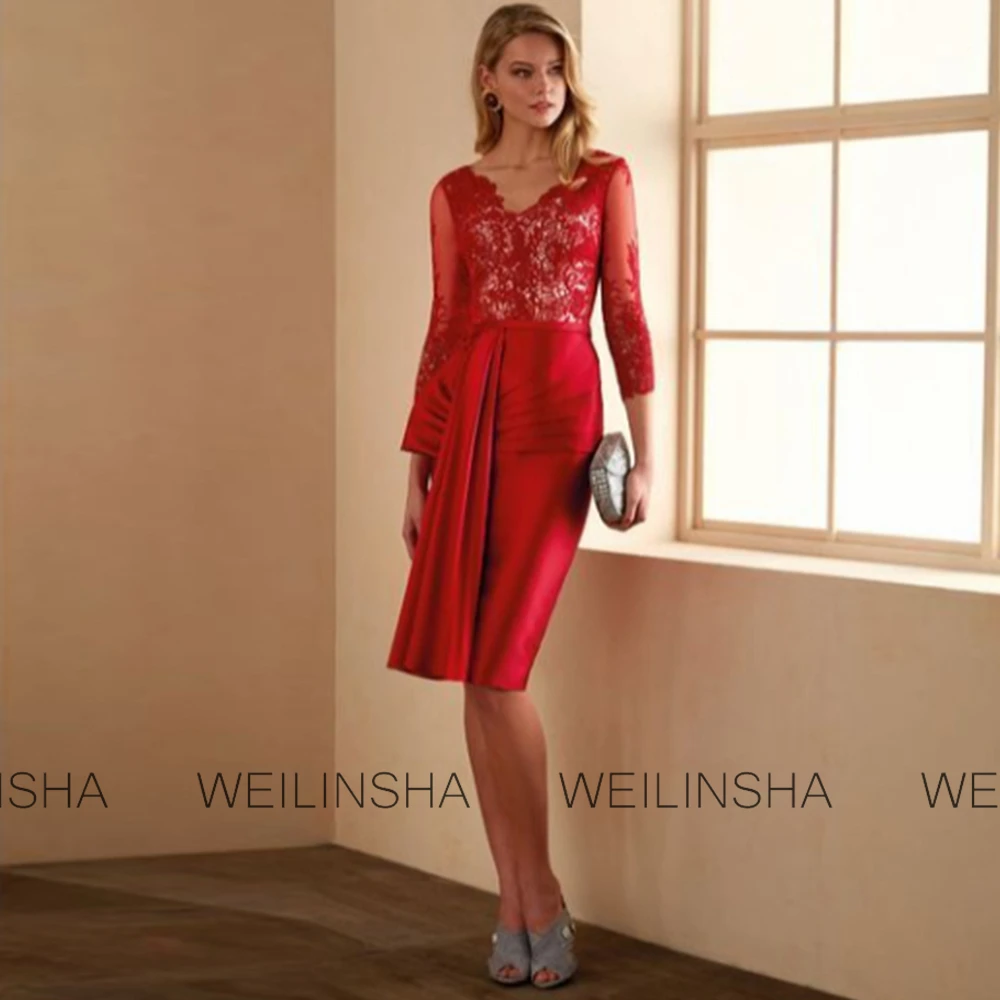 Customized Class Wedding Mom Dresses Satin Sheath/Column Party Dress Red V-neck Lace Draped Pleat Groom's Mother Dresses Midi