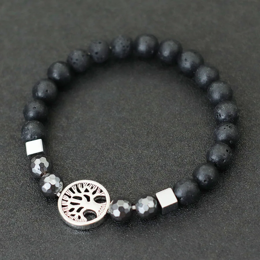 Noter-Bracelet Arbre de Vie pour Homme, Roche Volcanique Naturelle, Hématite, Yeux de Tigre, Pierre de Montagne, Accessoires Hip Hop