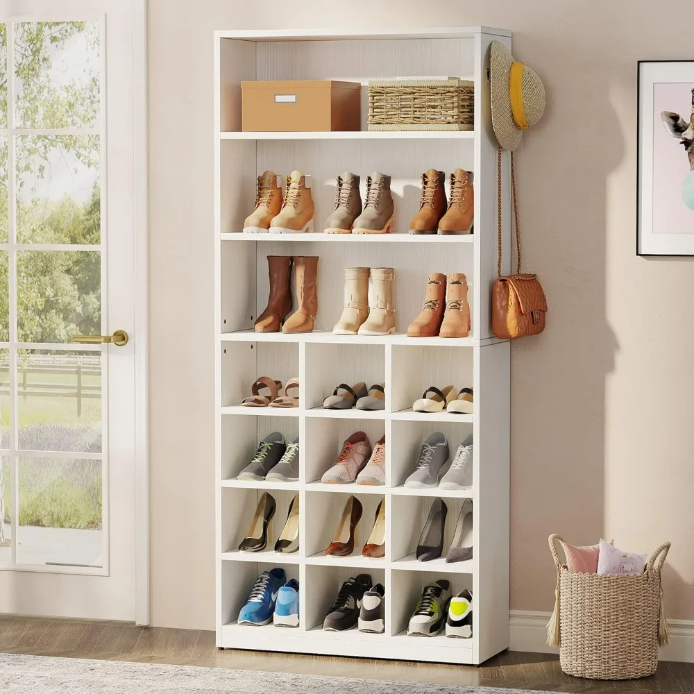 Shoe Cabinet, 24 Pair Freestanding Shoe Rack Storage Organizer with Side Hooks, Modern Shoe Storage Cabinet with Shelves