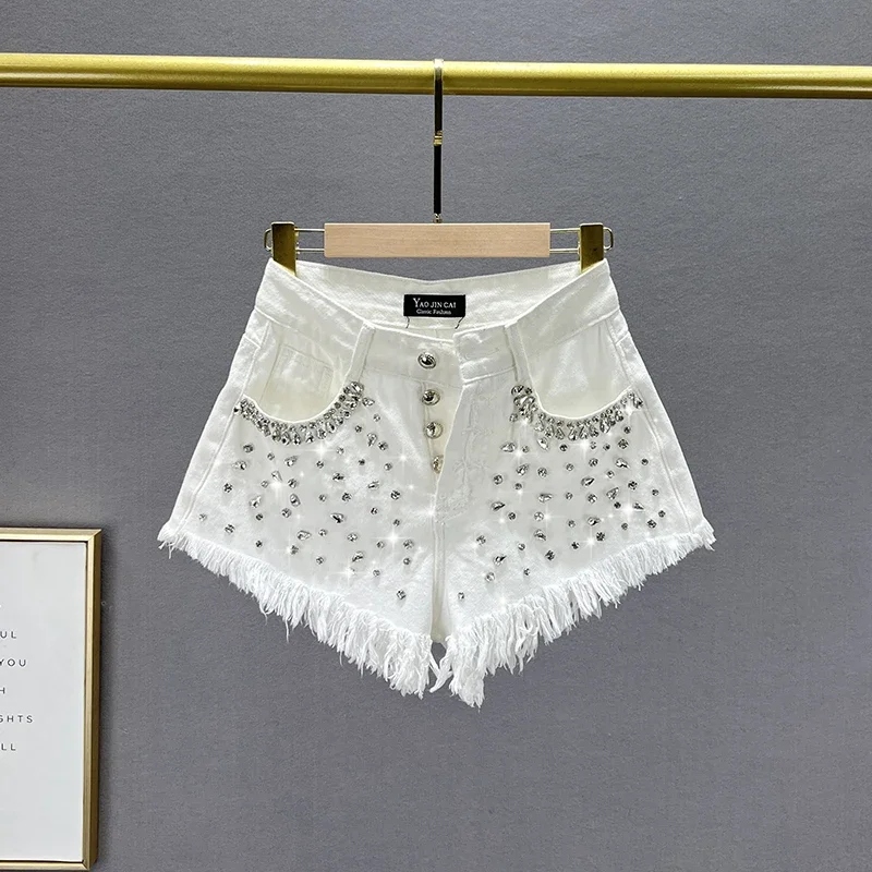 Diamond-Embedded Denim Shorts Women's Fashionable 2023 New Summer High Waist Loose Slimming Raw Hem Wide Legs Short Hot Pants