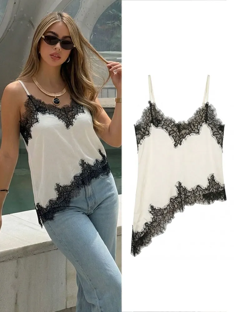 HH Damen Elegantes Weißes Schwarzes Spitzen-Cami-Top V-Ausschnitt Spaghetti-Träger Asymmetrischer Saum Tops Sommer-Trend High-Street-Chic-Tops