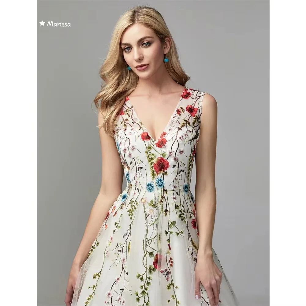Marissa feito sob encomenda vestidos de noite luxuosos 2025 a linha tule decalque flores com decote em v sem mangas vestidos de ocasião sob medida baile
