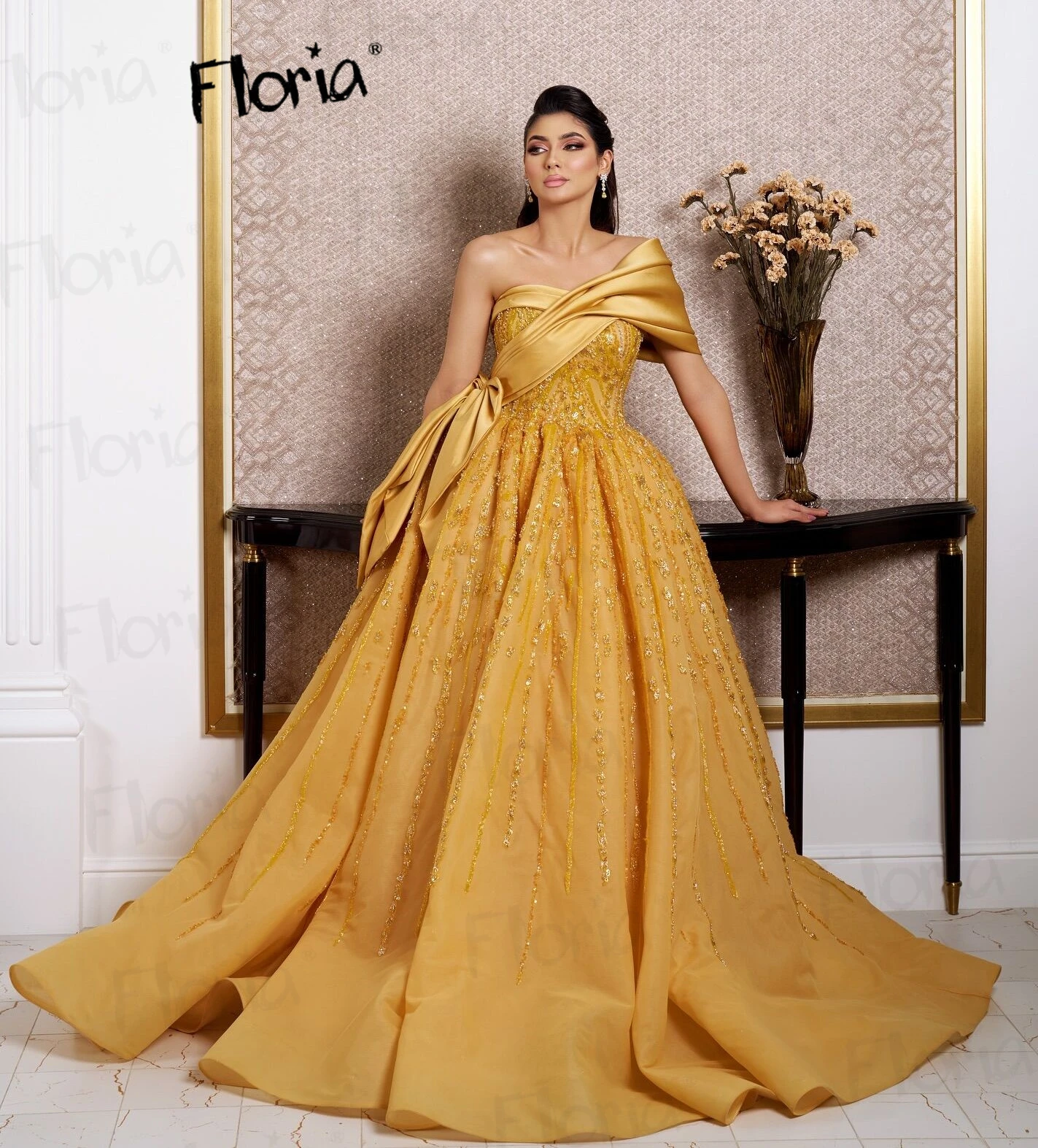 New Arrival Golden Evening Dresses Ball Gown Off Shoulder Wedding Party Dress For Women Formal Ceremony Prom Dresses Dubai