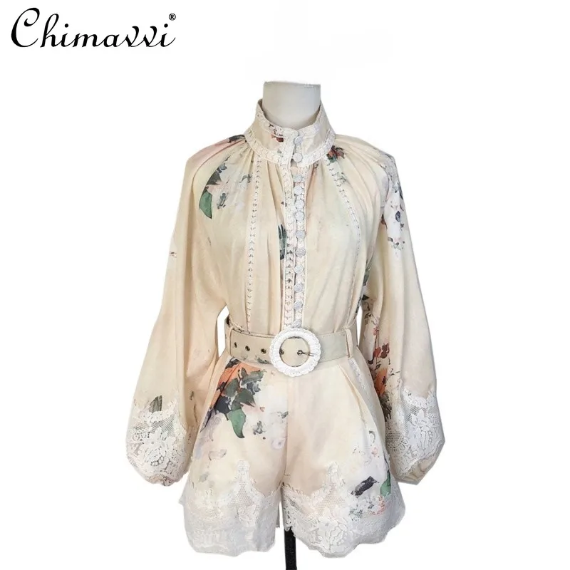 

European Niche Apricot Spring and Summer Fashion Printed Lantern Sleeve Button Shirt High Waist Short Two-piece Suit For Women