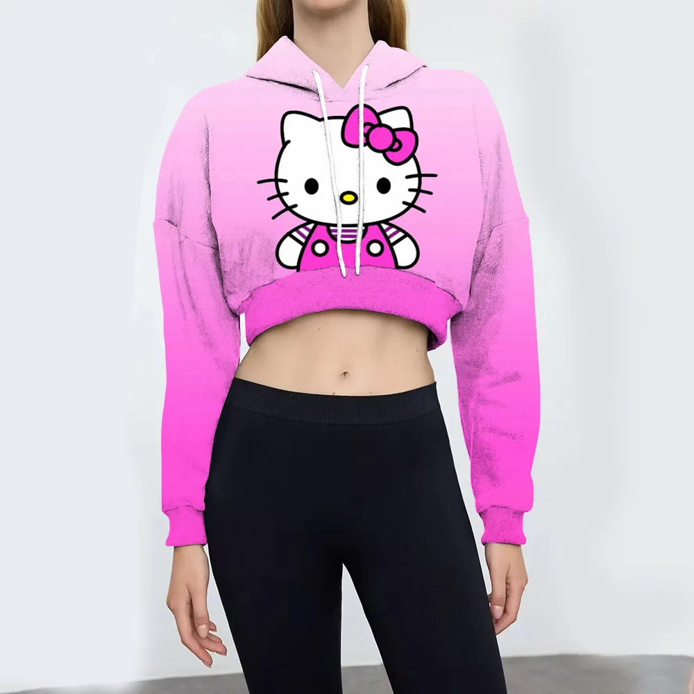 2025 Spring Autumn Hello Kitty print pair shoulder long sleeve POLO neck hoodie for men and women short sweet teenage girls chil