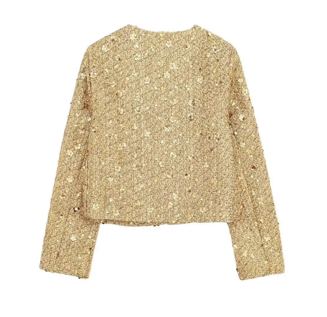 Suninheart Cappotto da giacca con paillettes da donna autunno 2024 Cappotto da giacca con paillettes a maniche lunghe di lusso a punto aperto