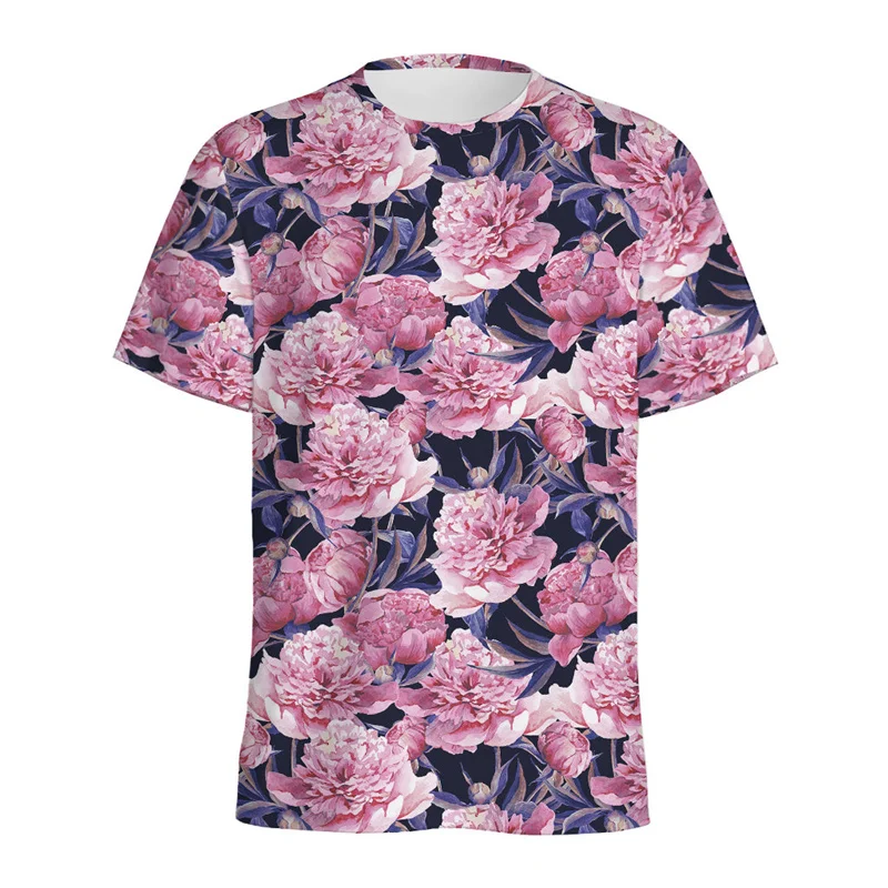 Peony Flower Skull Pattern T Shirt For Men 3d Printed Pink Floral T-shirt Summer Casual Tops Short Sleeves Women Round Neck Tees