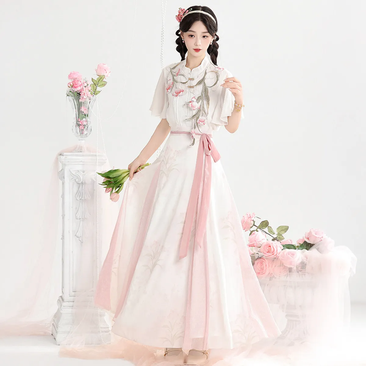 Improved Hanfu Women 3‑piece Set Embroidery Blouse Cloud Shoulder Floral Long Skirt Chinese Traditional Sweet Pink Summer Outfit