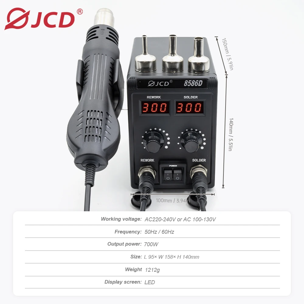 JCD 8586D-Estación de soldadura 2 en 1, pistola de aire caliente, pantalla Digital Dual LCD, soldador eléctrico SMD, estación de soldadura de