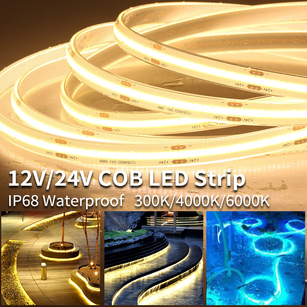 COB LED Strip 12V 24V 480LEDs 10W/m 3000K 4000K 6000K IP68 Waterproof High Brightness For Outdoors Lighting 5m/lot