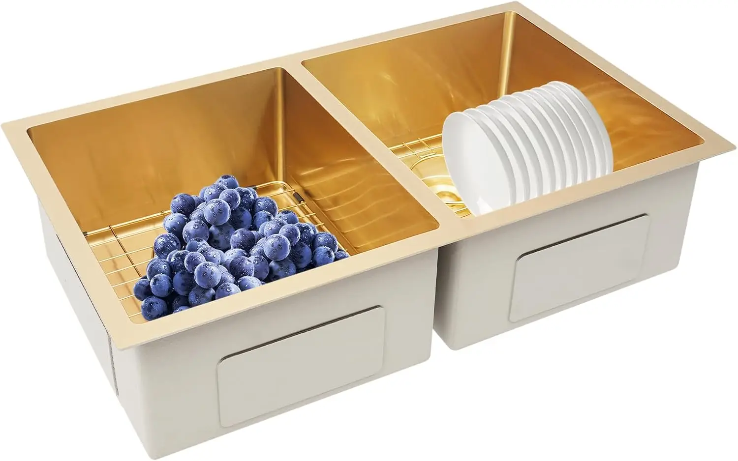 

Double Bowl Sink, 31 Inch Undermount Stainless Steel Sink with Grid and Drainer for Commercial Kitchens, Homes, Backyards (Gold)