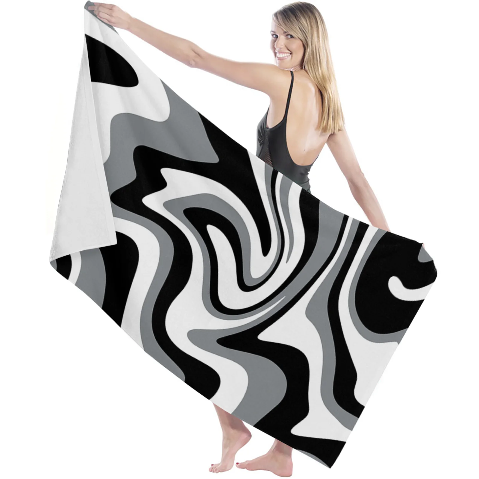 Black Fluid Art Abstract Texture Quick Dry Microfiber Bath Towel Beach Blanket For Adults Kids Outdoor Picnic Blanket