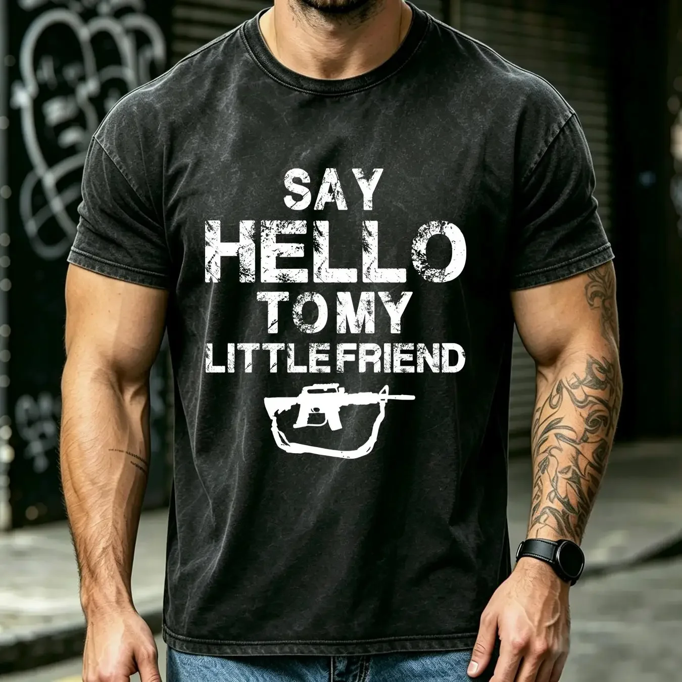 washed T Shirt Say Hello To My Little Friend Mossberg 590 Fun Tactical Black vintage Washed graphic Comfortable Unisex Casual