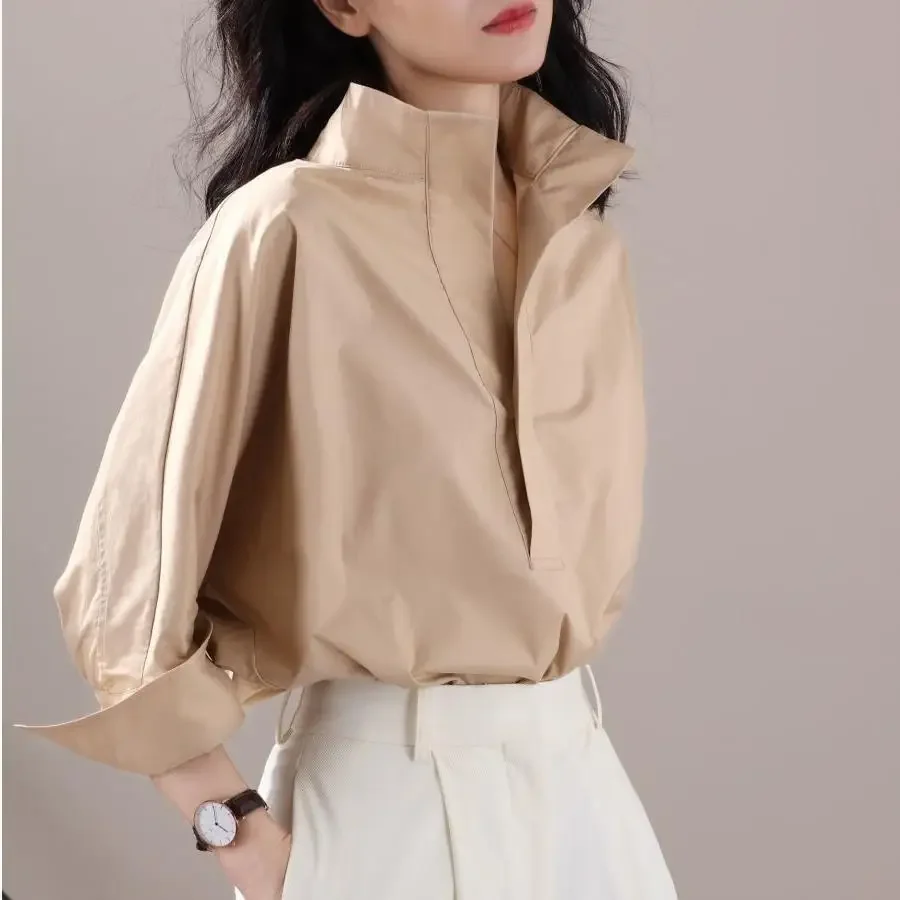 ربيع 2023 قميص نسائي فضفاض مناسب بياقة واقفة 7/8 كم قميص عصري للتخسيس تصميم إحساس بزر أبيض لأعلى #1