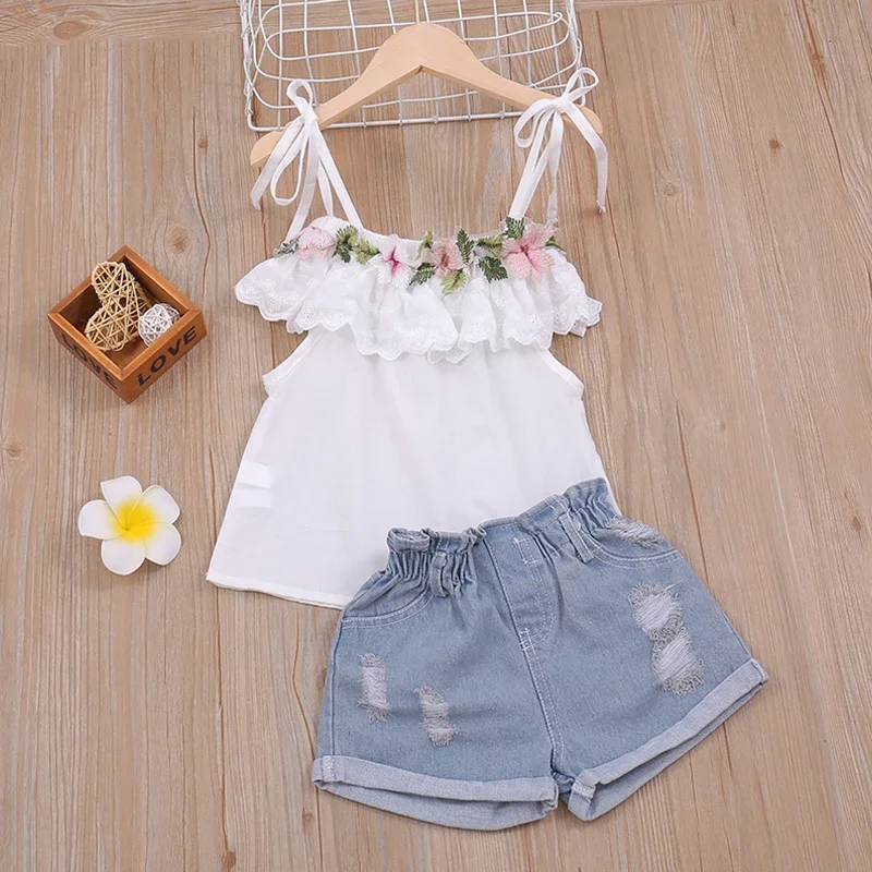 

Summer Thin Suit Flower Decoration Sling Top+Denim Shorts 2Pcs Clothing Sets Children's Clothing Girl Clothing