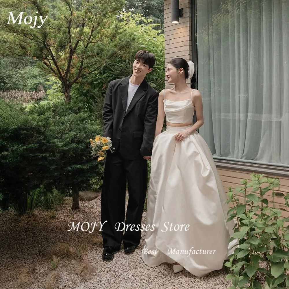 

Mojy Simple 2PCS Wedding Dress Spaghetti Strap Pleat Floor Length Ivory Silk Taffeta Korea Photo Shoot Bridal Gown Customized