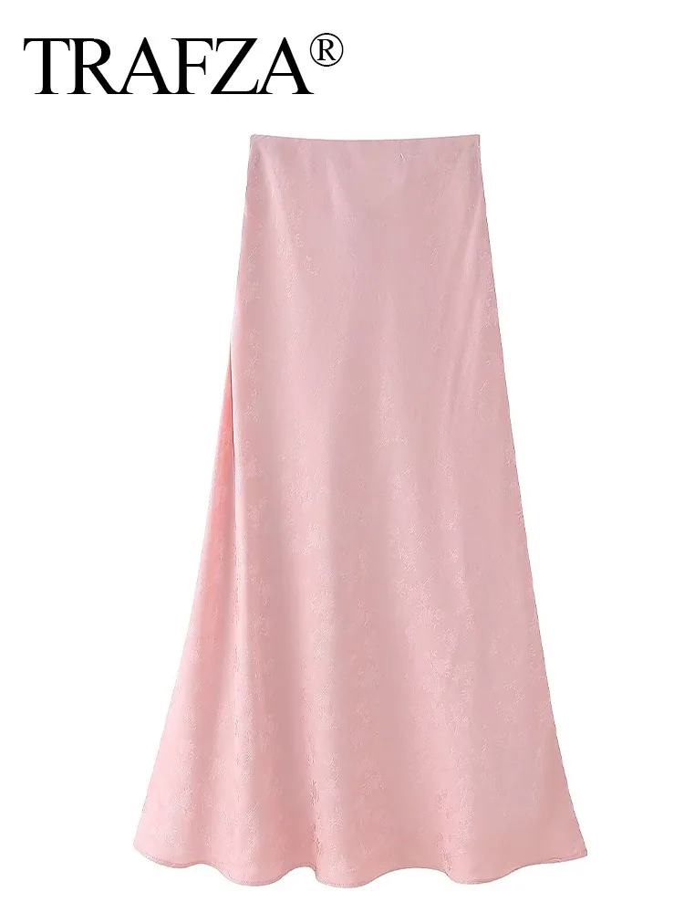 TRAFZA Women Summer New Fashion Pink Silk Satin Textured Jacquard Skirt Female Chic Elegant Zipper Slim High Street Skirt Mujer