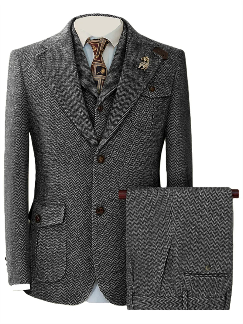 

Classic Man Suit Sets Herringbone Wedding Dress Elegant Wool Blend High Quality Luxury Men's Suits 3 Piece Set Jacket Vest Pants