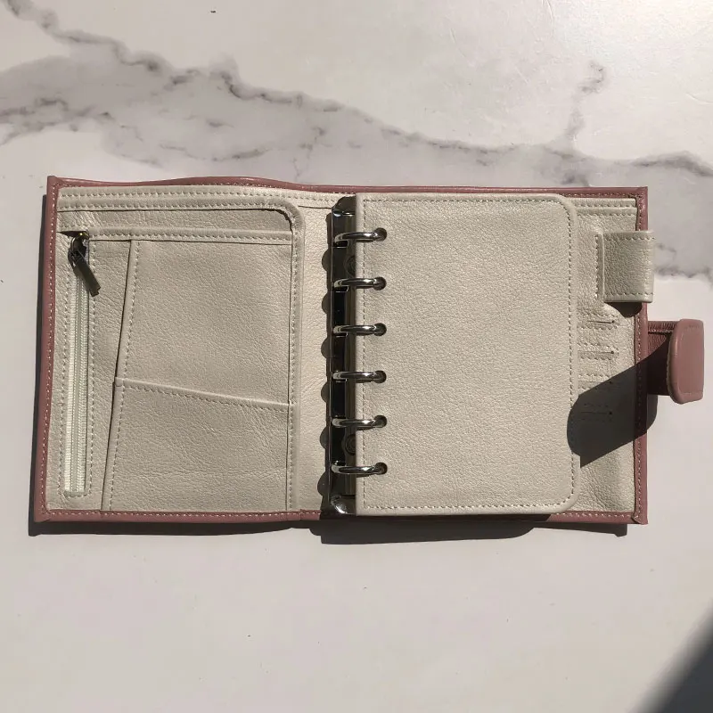 Yiwi A7 Pocket Pink Beige Genuine Leather Planner Loose Leaf Binder Notebook With Money Pocket