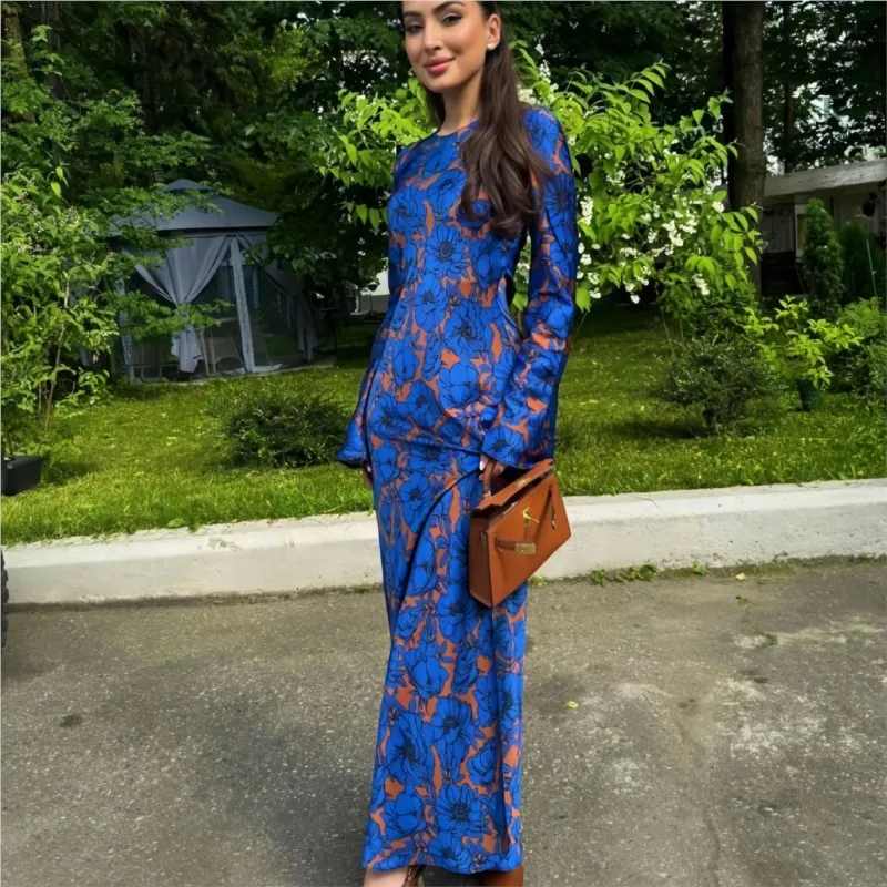 Modieuze meerkleurige print lange mouw taille-klinkende jurk lange rok grensoverschrijdende dames nieuwe 2025, elegante sfeer