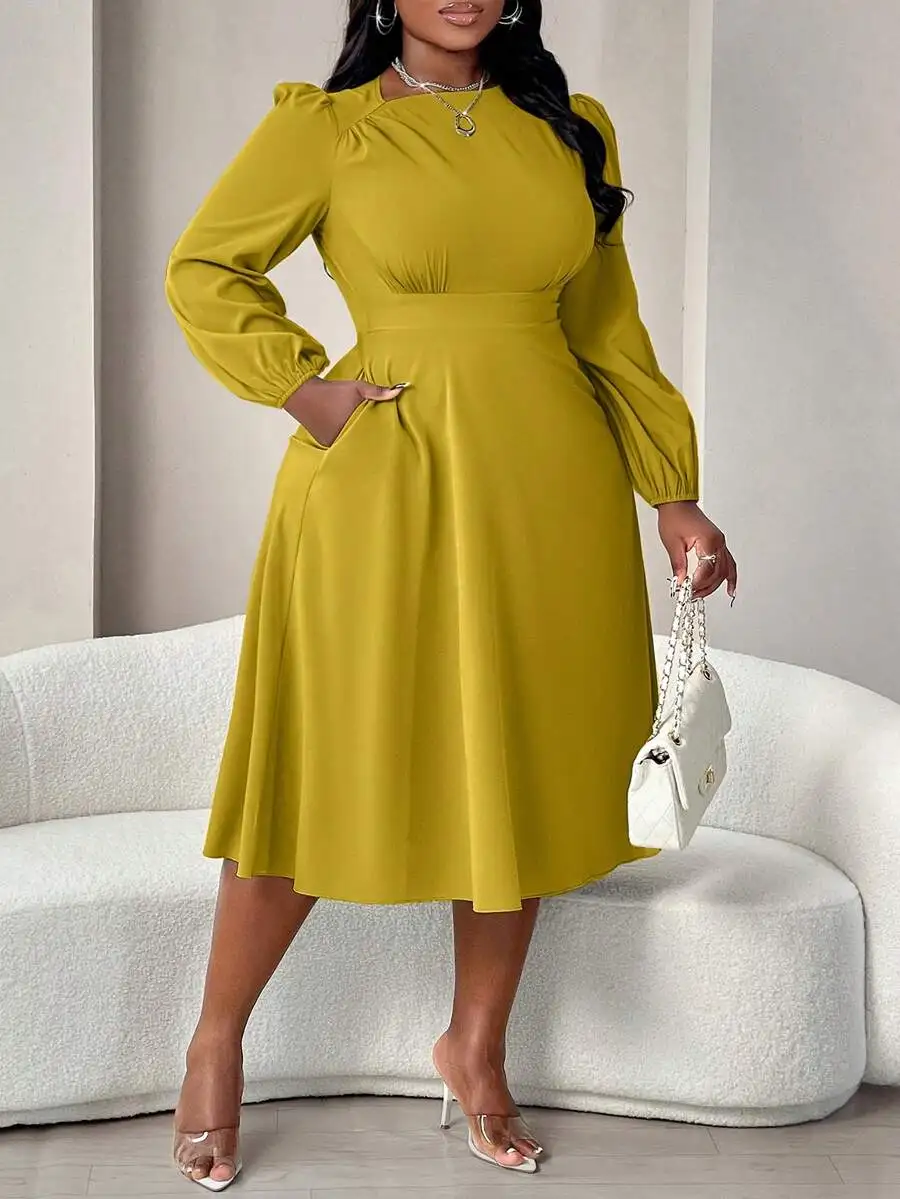 

Elegant Long Sleeve Flared Midi Dress For Women Solid Green Formal Casual Outfit