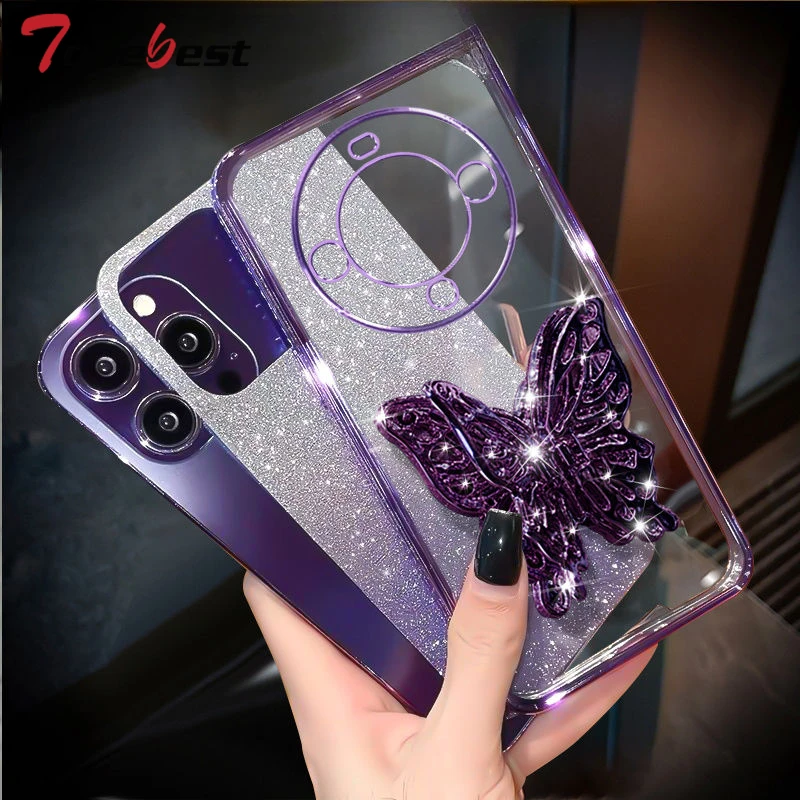 3D Butterfly Phone Holder Bead bracelet Glitter Plating Case for Huawei Mate 60 50 40 30 10 Pro Back Cover