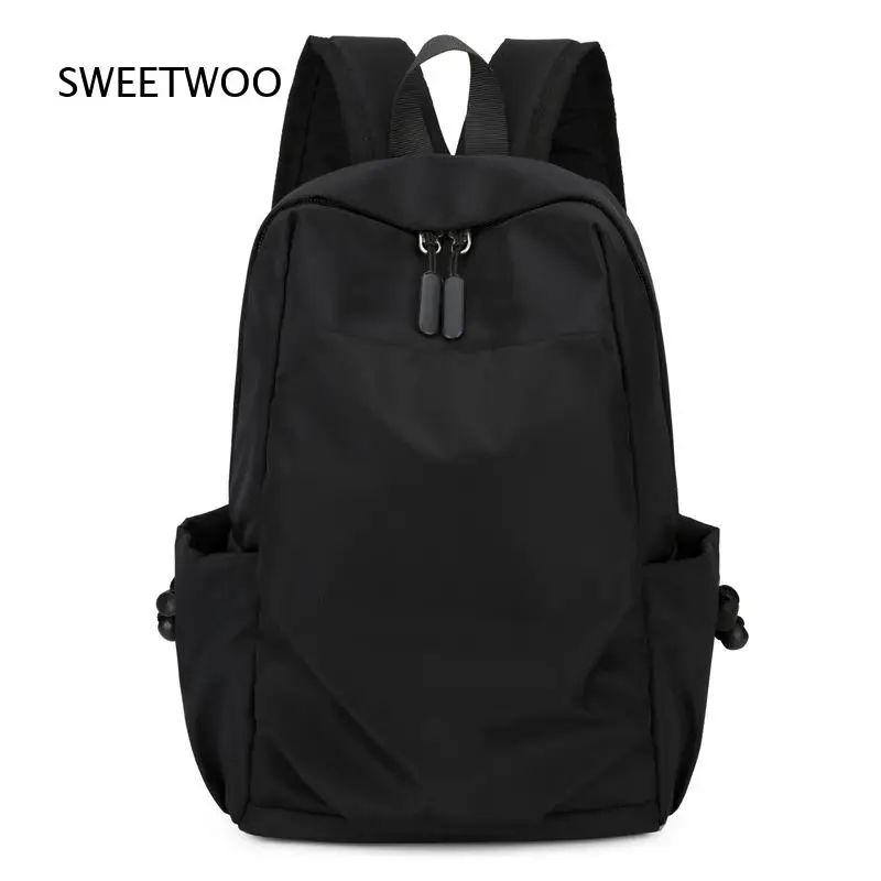 Black Minimalist Nylon Backpack Soft Wrinkle Resistant Multi Side Pocket Lightweight Casual Commute Student Daypack Unisex