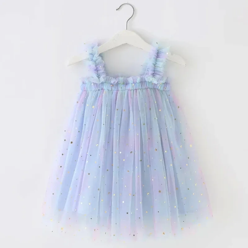 Summer Preschool Girl Baby Dress Rainbow Sequin Thin Gauze Cute Sweet Dress Girl Halloween Unicorn Dress Sling Dress