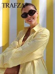 TRAFZA 2024 camicia a righe da donna Casual camicette a maniche lunghe con risvolto giallo monopetto camicia allentata Top donna elegante Y2K Top