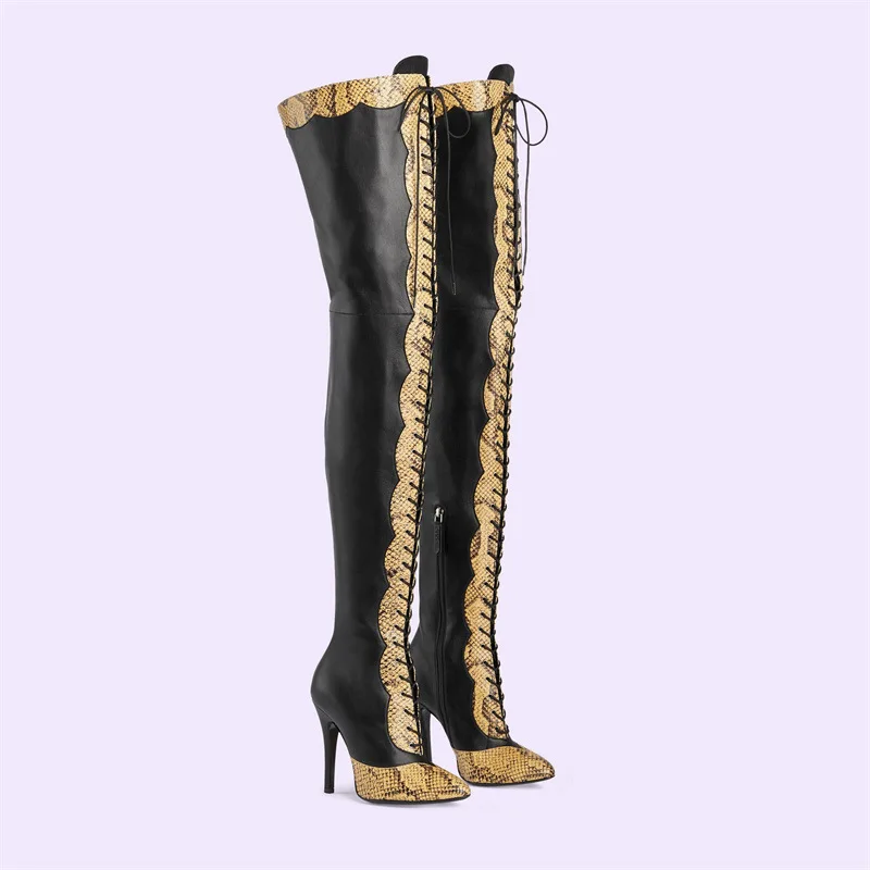 

Snake Pattern Leather Lace Up Over The Knee High Long Boots Women Shoes High Heels Botas Mujer Invierno 2023 Cowboy Bottines