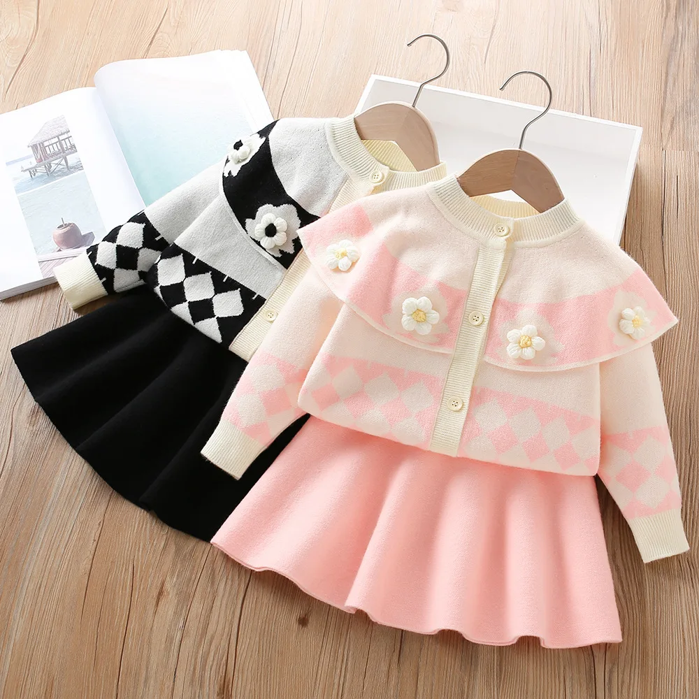 Girls Knitted Clothing Sets Spring Autumn Children Woolen Jersey Sweaters Coats Skirts Party Dress Suit For Baby Outfits Kids 6Y