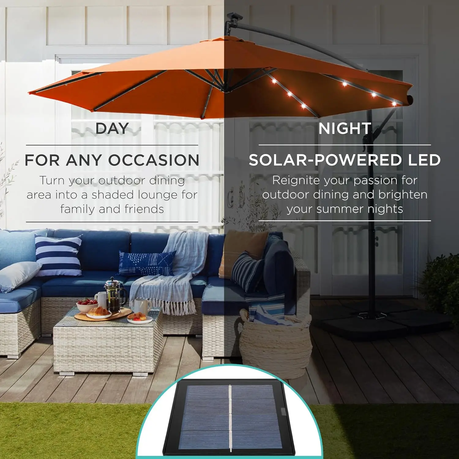 10ft Solar LED Offset Hanging Market Patio Umbrella for Backyard, Poolside, Lawn and Garden w/Easy Tilt Adjustment