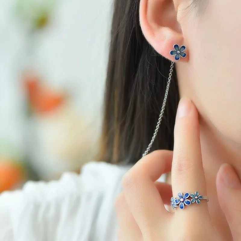 New Chinese Ring Stud Earrings Set  Small Flower Cherry Blossom Opening Adjustable Ring Stud Earrings Earline Ring Set for Gift