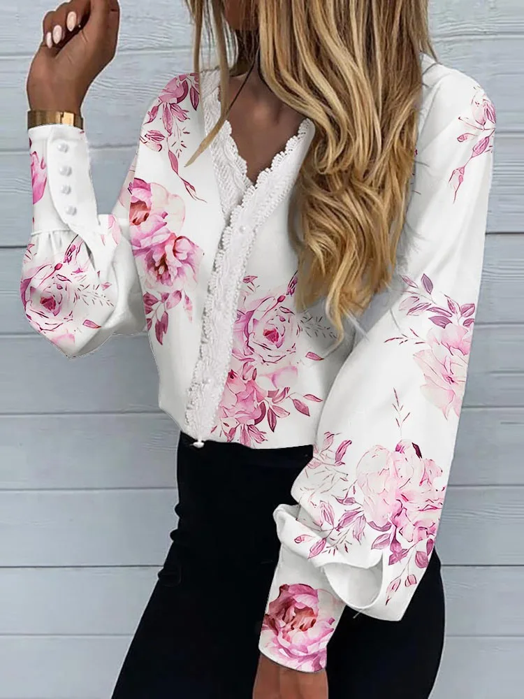 2023 White Elegant Blouse For Women Casual Long Sleeve Top Shirts Print Lace V-neck Loose Office Lady Fashion Blouse Tops Women