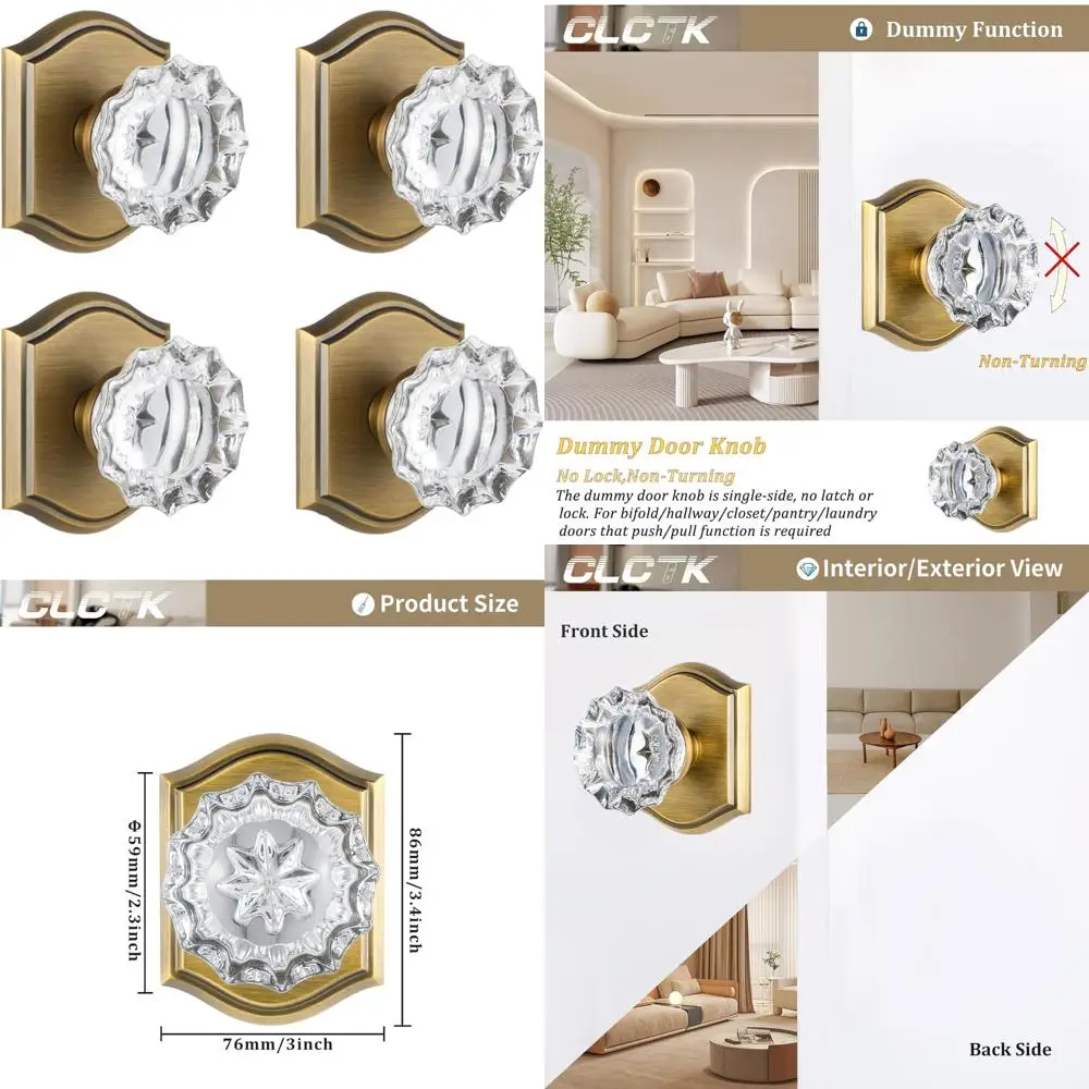 Zestaw klamek do drzwi wewnętrznych z kryształowym szkłem, wykończenie antyczny mosiądz, pojedyncza strona, 4 sztuki, styl tradycyjny