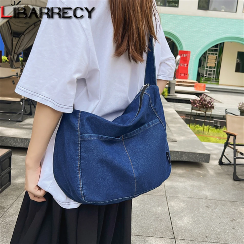 

Solid Color Large Capacity Ladies Shoulder Bag New High Quality Denim Ladies Student Bag Fashion Women Crossbody Bags Sac A Main