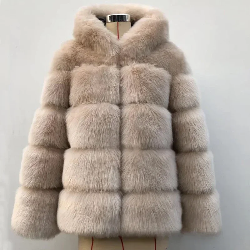 Hot autumn and winter new imitation fox fur coat splicing hooded women's warm fur coat