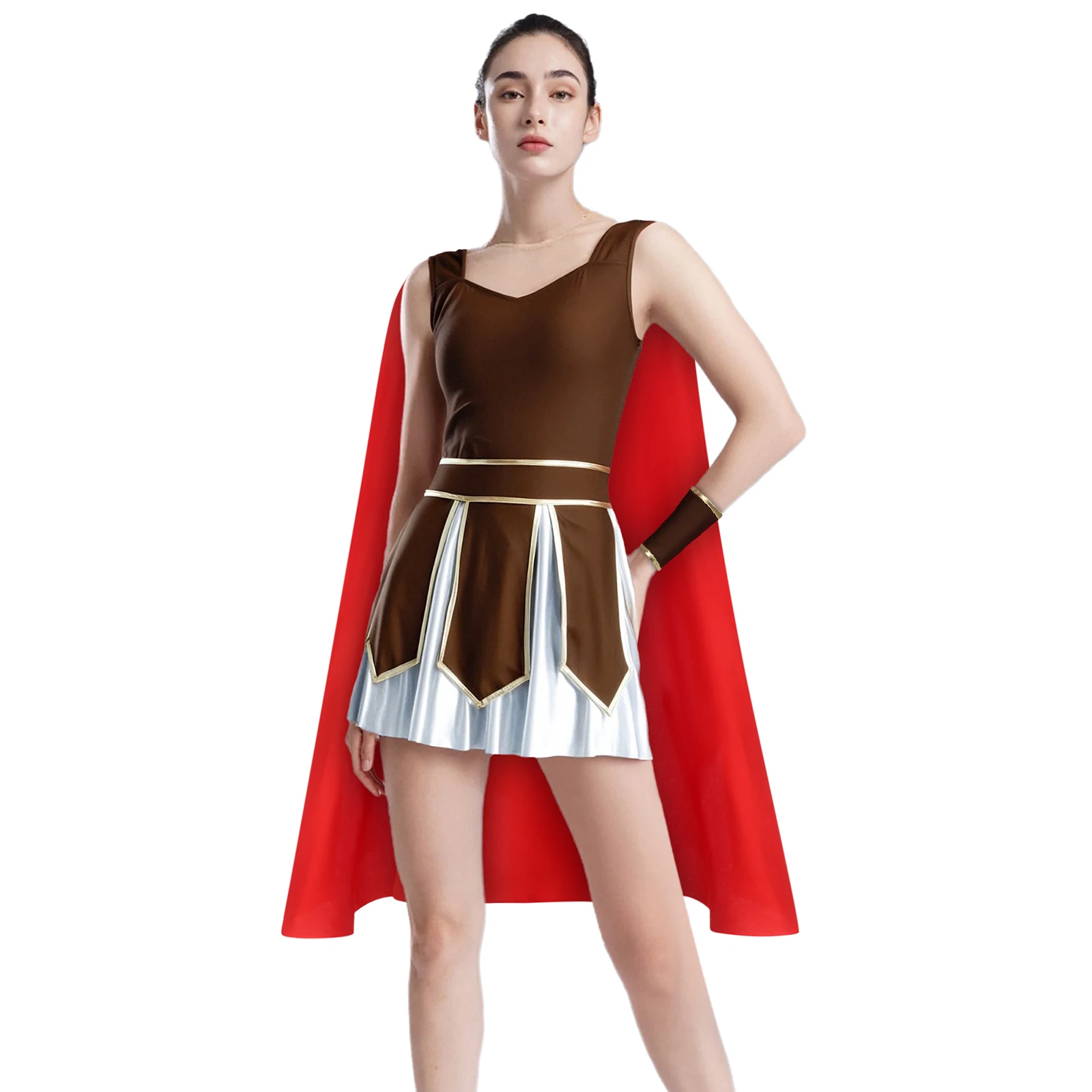 

Women Roman Gladiator Costume Halloween Theme Party Cosplay Outfit Sleeveless A-line Dress with Satin Cape And Cuffs Carnival