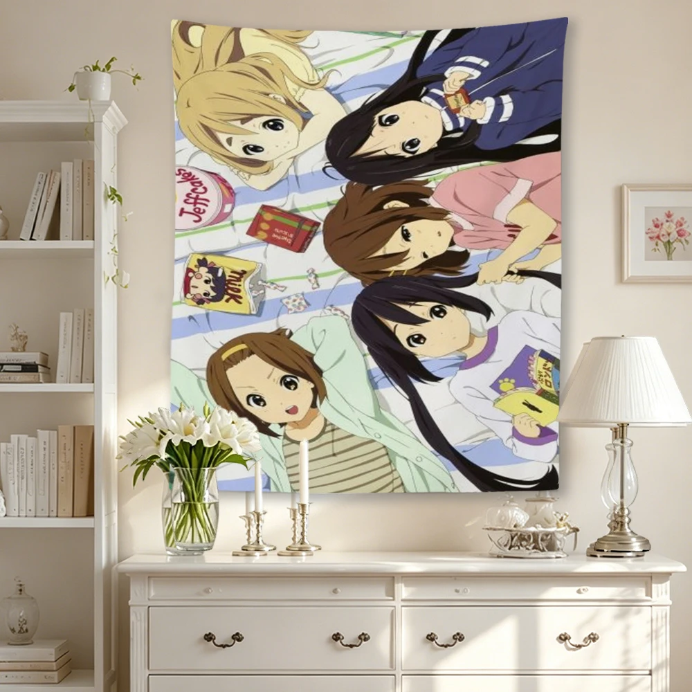 On Anime Tapestry Yui Mio Ritsu Tsumugi Azusa Lying On Bed With Snack Striped Bed Sheet Polyester Wall Hanging For Teen Girls