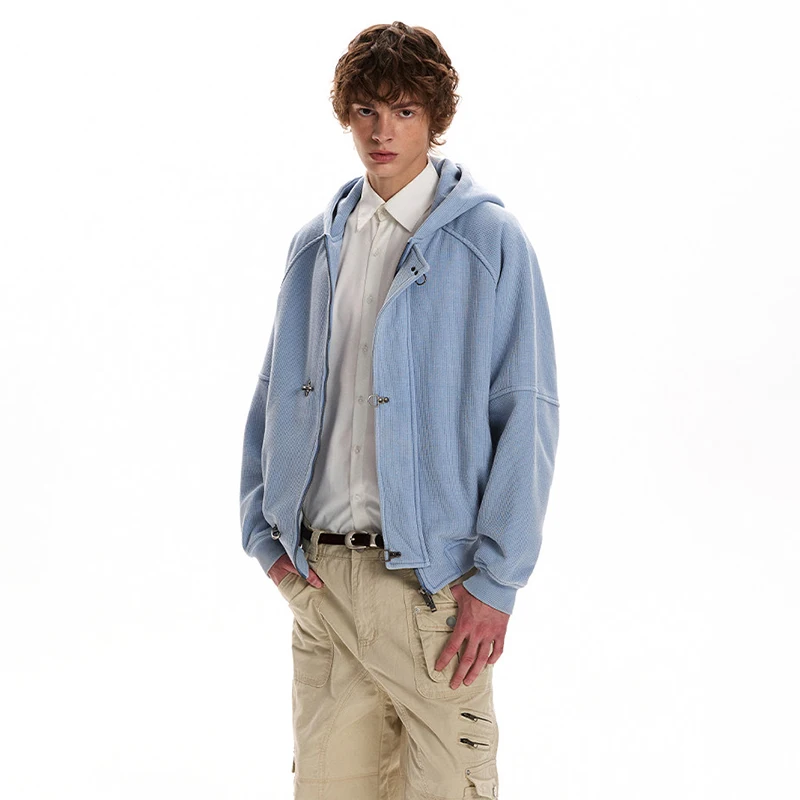 LUZHEN 2026 New Waffle Textured Metal Buckle Cross Placket Hooded Coat Men's Handsome Solid Color High Quality Sweatshirt JY9028