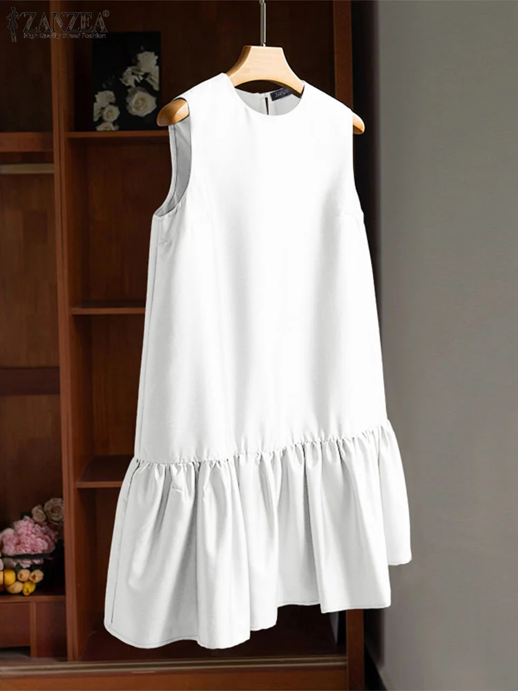 

ZANZEA O-Neck Ruffled Hem Mini Dresses Casual Commute Solid Sleeveless Fashion A-line Robes Woman Satin 2025 Summer Sundress