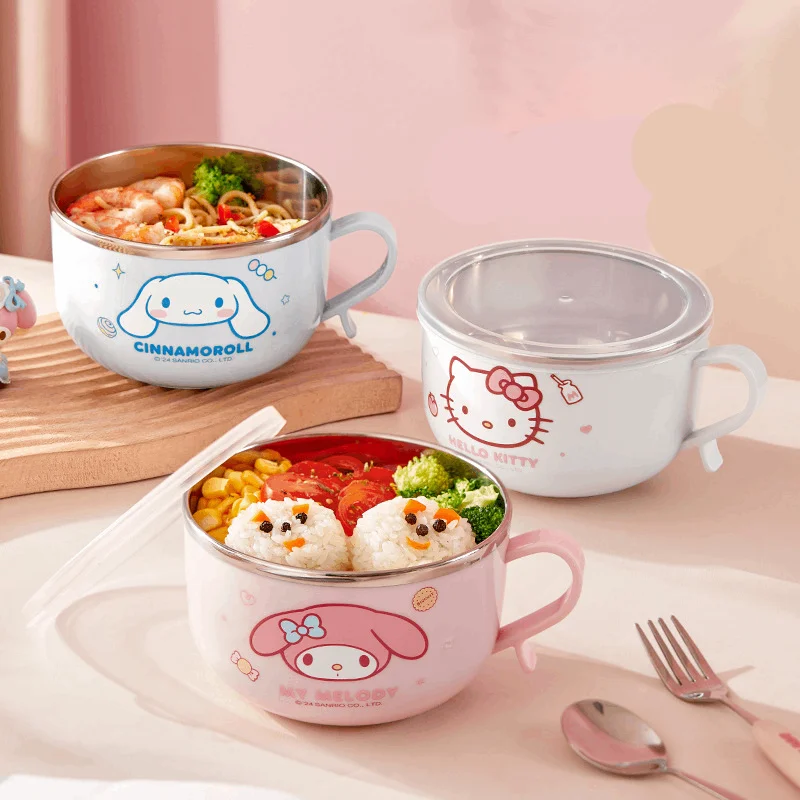 

Sanrio Melody Cute Anti Solution Noodle Bowl with Lid Student Insulation Household Handle Noodle Soup Bowl Tableware Food Grade