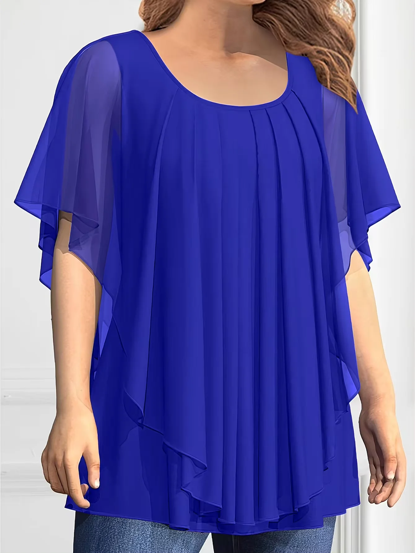 Women\'s Blouse Plus Size Casual Blue Chiffon Double Layer Flutter Sleeve Pleated Asymmetric Hem Blouse Summer Casual O-Neck Top