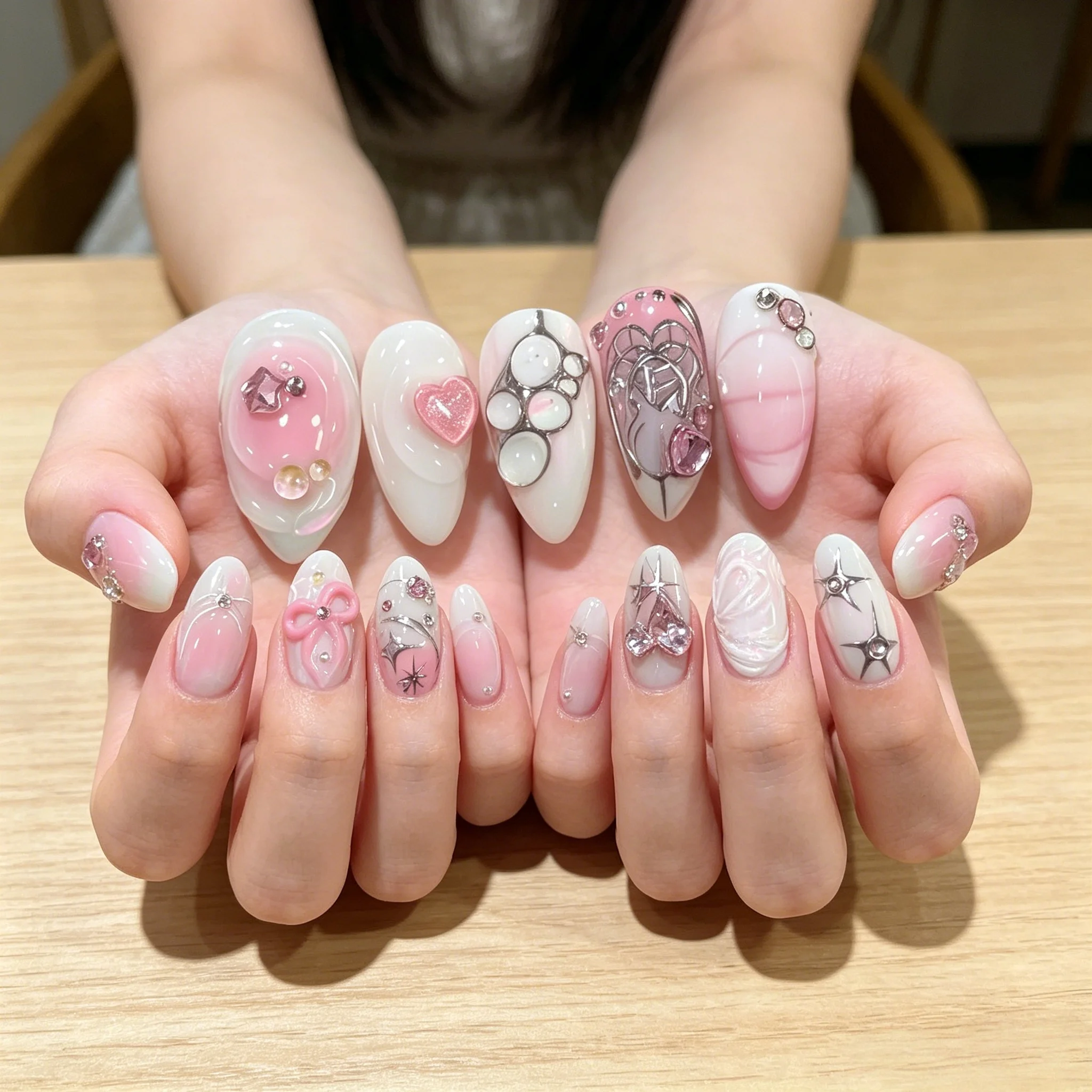 10Pcs Y2K Pink White Handmade Press On Nails Short Almond 3D Bow & Heart Rhinestone Fake Nails Reusable Acrylic False Nails