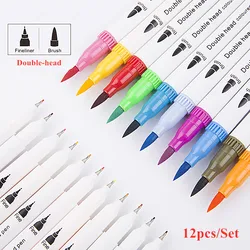 [12pcs/Set] Colored Pens Double-head Marker Pens Paint brush Drawing hook line pens Art school supplies Stationery